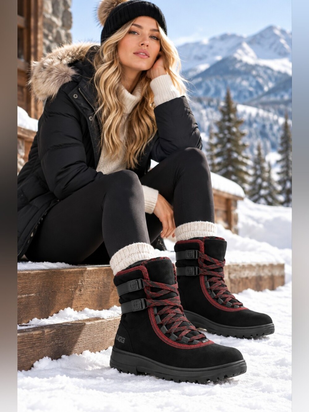 UGG Women’s Black Red Lace Up Winter Snow Boots Size 8